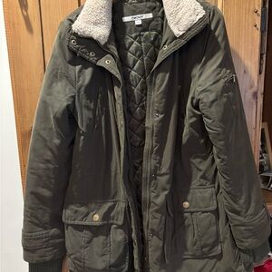 DKNY Women's Green Utility Jacket with Faux Fur Trim